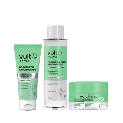 Conjunto de produtos faciais da marca Vult, incluindo gel de limpeza antioleosidade, tônico renovador antioleosidade e hidratante gel refrescante, em embalagens de plástico e vidro com cores predominantes verde e branco.