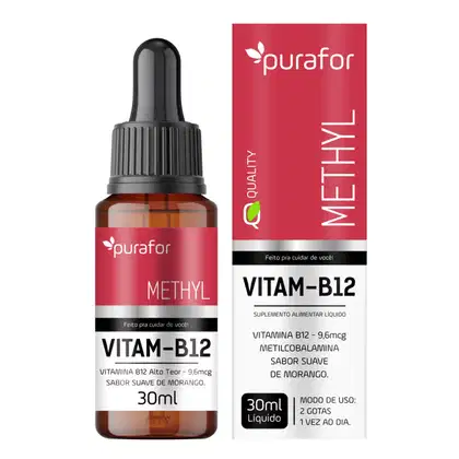 Imagem do produto Vitamina B12 Metilcobalamina 30ml Purafor – Sabor Morango, Alta Absorção