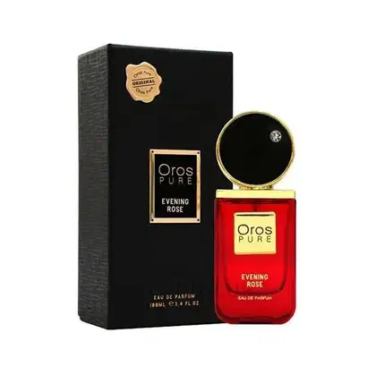 Frasco de perfume Oros Pure Evening Rose em embalagem preta e dourada. O frasco é redondo com tampa dourada e rótulo vermelho destacando o nome do produto. A caixa preta possui detalhes dourados e o logotipo da marca.