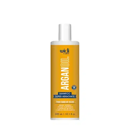 Frasco de shampoo super hidratante da marca Widi Care, com embalagem branca e amarela, contendo 300 mL do produto. O rótulo destaca o controle de frizz e o brilho intenso para cabelos secos.