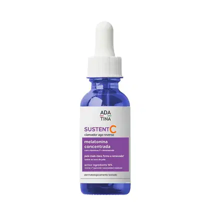 Frasco de vidro azul com conta-gotas branco contendo um sérum facial, da marca Ada Tina Sustent C.