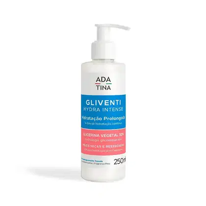 Frasco branco com bomba doseadora contendo produto de hidratação da marca Adatina, chamado Gliventi Hydra Intense, com informações sobre sua fórmula.