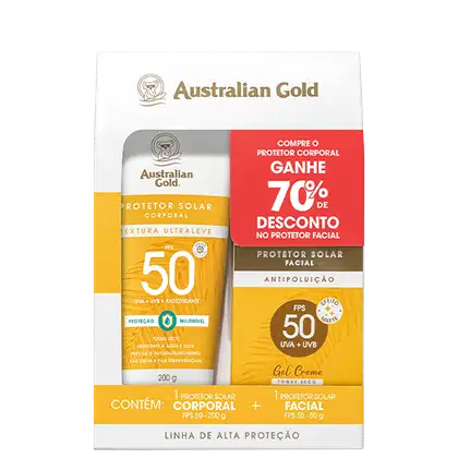 Caixa com protetor solar corporal e facial, ambos fps 50. Texto descreve linha de alta proteção, compre o protetor solar corporal 200g e ganhe 70% de desconto no protetor solar facial 50g.