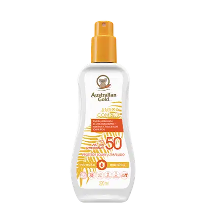 A imagem mostra o Protetor solar ultrafluido da marca Australian Gold. Possui uma embalagem plástica branca e laranja. Frasco com tampa protetora laranja. Rótulo com informações e logotipo da marca com um coala estilizado.