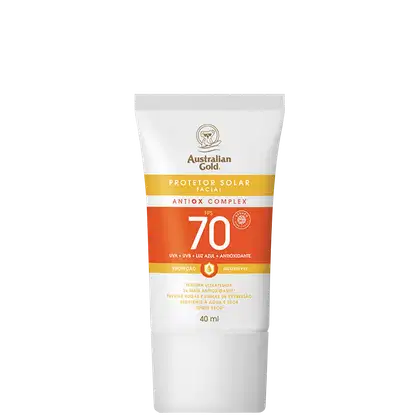 A imagem mostra o protetor solar facial da marca Australian Gold. Possui uma embalagem de tubo plástico branco. Rótulo com faixa laranja e amarela indicando informações do produto. Logotipo da marca com coala estilizado.