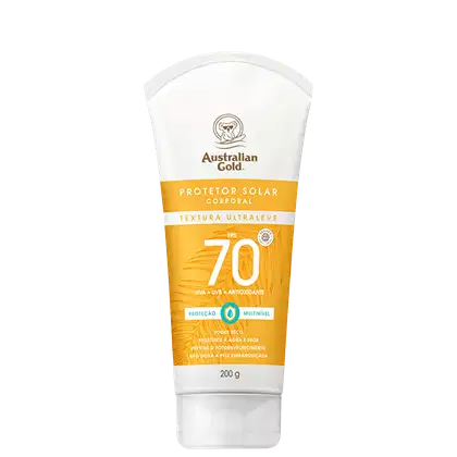 Embalagem em bisnaga na cor branca com rótulo amarelo. 200g. Texto de descrição informa textura ultraleve, fps 70 e toque seco.
