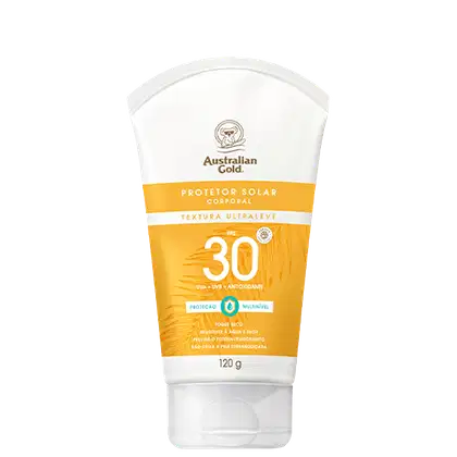Embalagem em bisnaga na cor branca com rótulo amarelo. 120g. Texto de descrição informa textura ultraleve, fps 30 e toque seco.