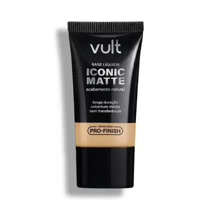Bisnaga preta da marca Vult contendo Base Líquida Iconic Matte com acabamento natural, longa duração e cobertura média, sem transferência e com Tecnologia Pro-Finish.
