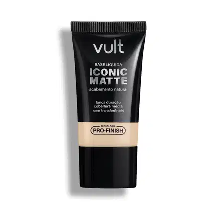 Bisnaga preta da marca Vult contendo Base Líquida Iconic Matte com acabamento natural, longa duração e cobertura média, sem transferência e com Tecnologia Pro-Finish.