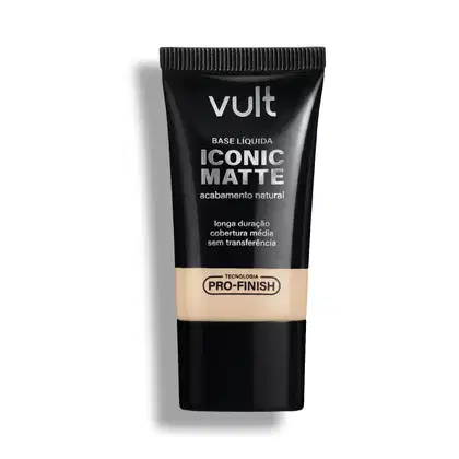 Bisnaga preta da marca Vult contendo Base Líquida Iconic Matte com acabamento natural, longa duração e cobertura média, sem transferência e com Tecnologia Pro-Finish.
