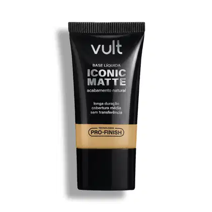 Bisnaga preta da marca Vult contendo Base Líquida Iconic Matte com acabamento natural, longa duração e cobertura média, sem transferência e com Tecnologia Pro-Finish.

