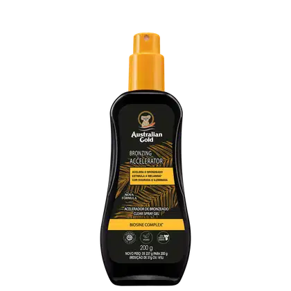 Bronzeador Spray Gel com rótulo amarelo e texto "Australian Gold Bronzing Accelerator". O frasco contém um produto de bronzeamento em spray com fórmula Biosine Complex, indicado para acelerar o bronzeado.
