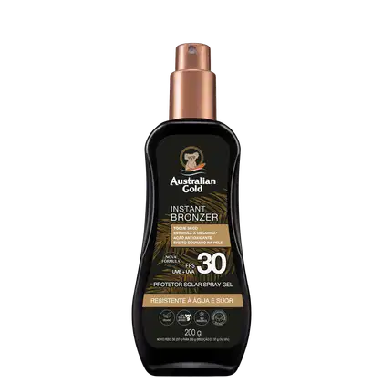 Frasco do Australian Gold Instant Bronzer com proteção solar FPS 30, embalagem preta e cobre, com 200g, rótulo com logotipo da marca e informações sobre o produto.