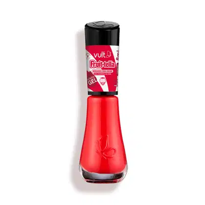 A imagem mostra um frasco de esmalte, cilíndrico com o produto de cor rosa avermelhado visível através da embalagem transparente. A tampa é preta com adesivo do logo da marca, linha e demais informações do produto.