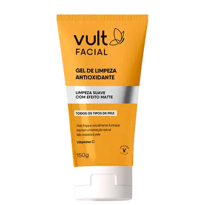 Gel de limpeza facial antioxidante Vult. Embalagem plástica amarela com detalhes em branco. Rótulo com o nome do produto "Gel de Limpeza Antioxidante" e informações adicionais como "Limpeza suave com efeito matte" e "Todos os tipos de pele". Contém 150g.