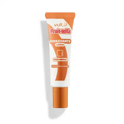 A imagem mostra um hidratante labial da marca Vult, com embalagem tubular, tipo bisnaga, dourada e branca. Rótulo com o nome do produto e demais informações em dourado e branco.