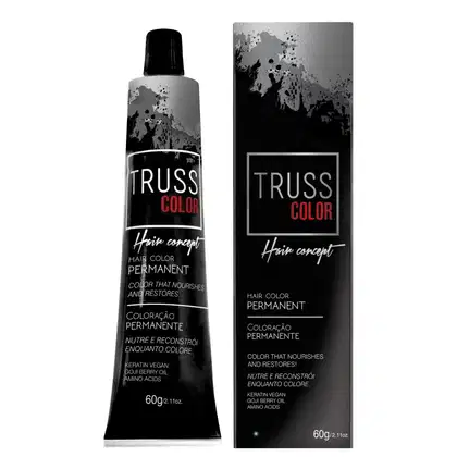 Tinta para cabelo da marca TRUSS Color, em embalagens pretas e cinzas, com rótulos destacando que o produto é uma coloração permanente que nutre e reconstrói o cabelo.