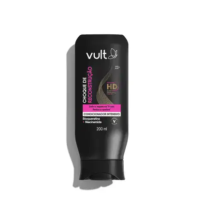 O produto apresentado é um condicionador intensivo da Vult, com 200ml de volume. A embalagem é preta, com o logotipo da marca em destaque e informações sobre os principais ingredientes e benefícios do produto, como bioqueratina e niacinamida.