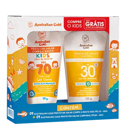 A imagem mostra o kit de protetores solares da Australian Gold para corpo e rosto. A embalagem é uma caixa retangular com cores predominantes laranja, azul e branco. Contém dois tubos de protetores, a caixa apresenta ilustrações de praia com crianças.