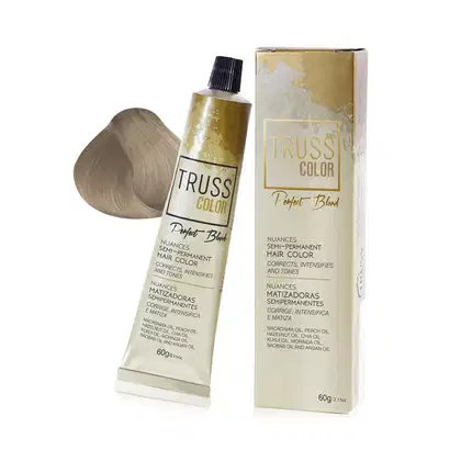 Produto de coloração semi-permanente da marca TRUSS, em embalagem de tubo e caixa de papelão, com rótulos indicando a cor "Perfect Blond" e informações sobre os ingredientes e benefícios do produto.