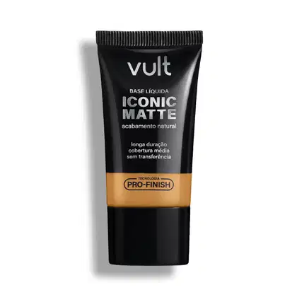 Bisnaga preta da marca Vult contendo Base Líquida Iconic Matte com acabamento natural, longa duração e cobertura média, sem transferência e com Tecnologia Pro-Finish.
