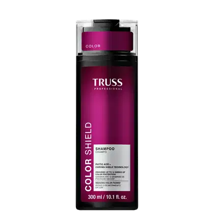 Frasco de item de perfumaria da marca Truss Professional, na cor rosa escuro, com rótulo branco contendo o nome da marca e informações sobre o produto, que parece ser um xampu para proteção da cor.