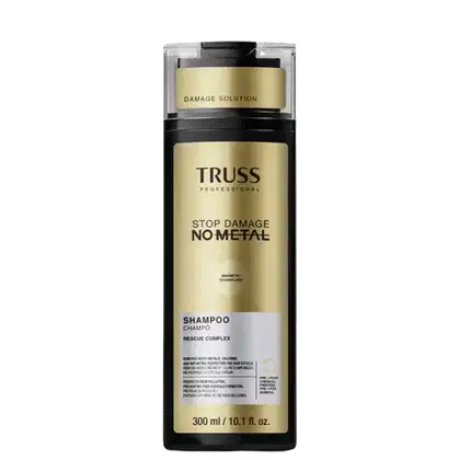 Frasco de shampoo da marca Truss Professional, com rótulo em tons de amarelo e preto, indicando "Stop Damage No Metal" e "Rescue Complex". O produto é apresentado em embalagem plástica transparente com tampa preta.