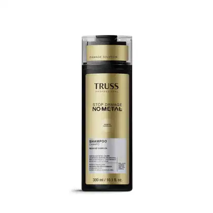 Frasco de shampoo da marca Truss Professional, com design em preto e dourado, contendo a inscrição "Stop Damage No Metal" e "Rescue Complex" na embalagem.