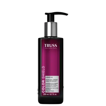 Frasco de plástico preto com bomba doseadora, rótulo roxo com texto "TRUSS PROFESSIONAL COLOR SHIELD LEAVE IN" em branco, contém 200 ml de produto para tratamento de cabelos.