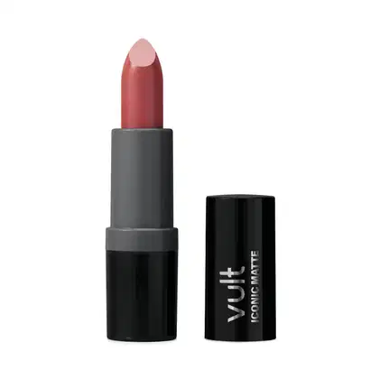 Batom bala rosa matte da marca Vult, com embalagem preta e rótulo com o nome da marca em prata, escrito "Vult Iconic Matte".
