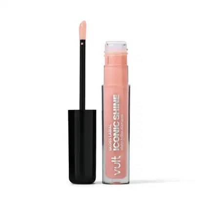 Frasco de gloss com aplicador e rótulo com texto "Vult Gloss Labial", contendo um brilho labial de cor rosa brilhante.
