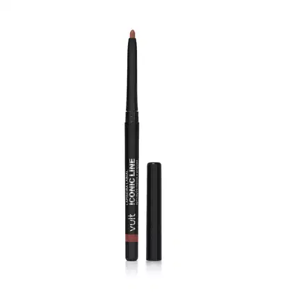 Lápis labial da marca Vult, com embalagem preta e tampa preta, contendo uma ponta de batom de cor marrom avermelhada. O produto é apresentado em formato de lápis com detalhes em preto.