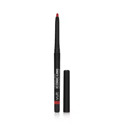 Lápis labial vermelho da linha Iconic Line da marca Vult, com embalagem preta e detalhes em vermelho. O produto possui formato cilíndrico e ponta afilada, permitindo aplicação precisa.