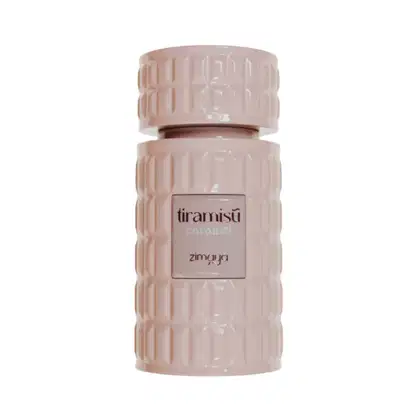 Frasco de perfume Tiramisu Caramel da marca Zimaya, com design texturizado em tons de rosa, contendo informações do produto impressas no rótulo.