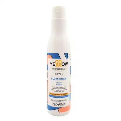Frasco branco de 250 ml da linha Yellow Professional, com rótulo azul e laranja, contendo um produto para secagem de cabelos chamado "Style Blow Dryer" com sistema de proteção térmica até 230°C.