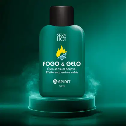 Óleo sensual da marca Sexy Hot, chamado "Fogo & Gelo". O frasco possui um design simples e elegante, com uma tampa preta na parte superior.