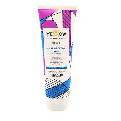 Tubo de creme para definição de cachos da linha Yellow Professional Style, com embalagem colorida em tons de rosa, azul e branco, contendo 250 ml do produto.