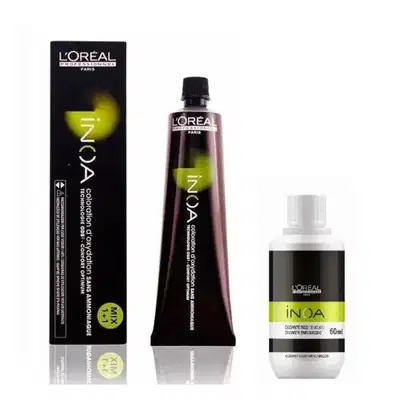 Caixa preta e frasco de tinta para cabelo da linha Inoa da L'Oréal Professionnel, com embalagem preta e detalhes em verde. Também há um frasco de 60ml do oxidante Inoa.