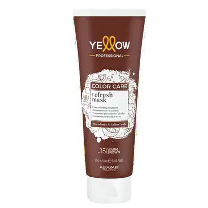 Tubo de máscara de tratamento de cor da linha Yellow Professional, com rótulo marrom e detalhes em branco, contendo 250 ml de produto para cabelos com cor.