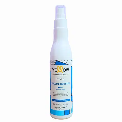 Frasco branco de spray volumizador de cabelos da linha Yellow Professional, com rótulo azul e amarelo indicando "Volume Booster" e "Medium Hold".