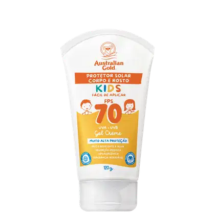 Protetor solar infantil em embalagem de tubo plástico branco. Rótulo laranja e amarelo com o logotipo da marca Australian Gold. Resistência à água, absorção imediata, hipoalergênico e fragrância agradável. Peso líquido de 120g.
