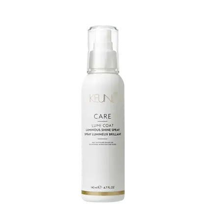 Frasco branco com bomba de spray da linha Keune Care Lumi Coat, um spray luminoso para brilho. Rótulo com nome do produto e informações em inglês e francês.