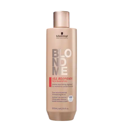 Shampoo Schwarzkopf Professional Blond Me All Blondes Rich . Embalagem de plástico bege dourado opaco com formato cilíndrico. Rótulo com o texto "BLOND ME" em letras grandes e cinza, abaixo "All Blondes Rich Shampoo" em letras vermelhas.. Volume de 300ml