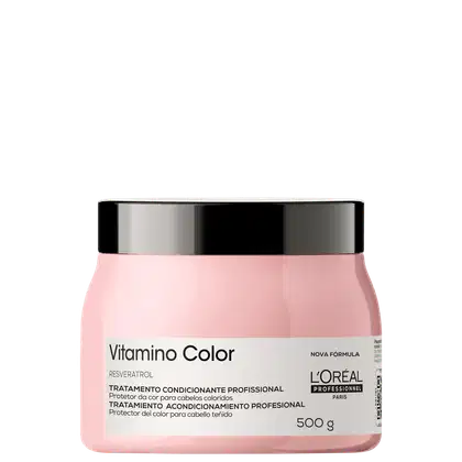 Recipiente de tratamento condicionante profissional da linha Vitamino Color da L'Oréal Paris. Embalagem rosa com tampa preta, contendo 500g do produto. Rótulo com nome da linha e informações sobre o tratamento para cabelos coloridos.