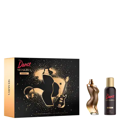 Conjunto de perfumes Dance Shakira Midnight. Caixa retangular dourada com ilustração em preto e dourado de uma figura feminina dançando com uma guitarra, cercada por pontos brilhantes.