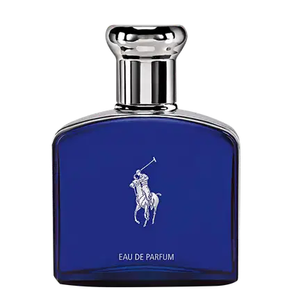 Frasco de perfume da marca Ralph Lauren, com design elegante e sofisticado. Embalagem azul escuro com logotipo da marca em prata. Rótulo indica "Eau de Parfum" em destaque.