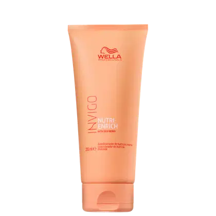 A imagem mostra o Condicionador Wella Professionals Invigo Nutri-Enrich com Goji Berry. Embalagem na cor salmão e volume de 200ml impresso na embalagem.