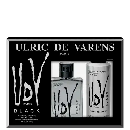 Conjunto de produtos de perfumaria Ulric de Varens Black. Caixa preta com o nome da marca e linha em letras brancas. Contém um frasco de perfume natural spray de 100ml, um desodorante body spray de 200ml. Embalagens com design preto e branco.