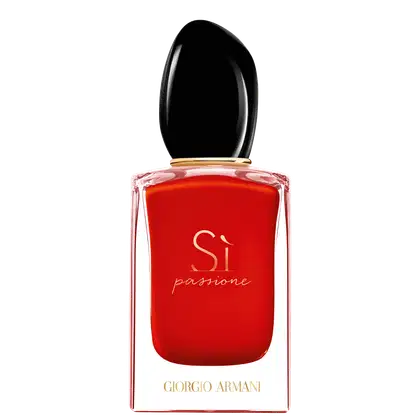 Frasco de perfume Giorgio Armani Si Passione, com tampa preta e corpo em vermelho vibrante, exibindo o nome da fragrância em letras douradas. O design elegante e sofisticado transmite uma imagem de luxo e exclusividade.
