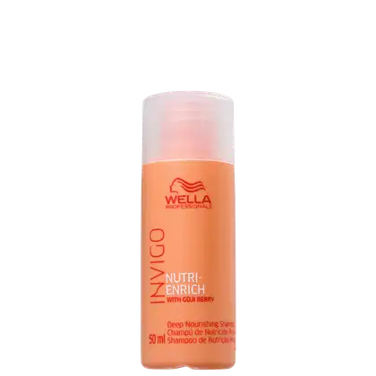 Frasco de shampoo da marca Wella Professionals, da linha Invigo Nutri-Enrich com goji berry. O frasco possui formato cilíndrico, com predominância de cores laranja e branca. O rótulo exibe o nome da linha e o tipo de produto, "Deep Nourishing Shampoo".